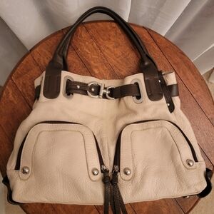 Vera Pelle Shoulder Purse Italian Leather Cream & Brown
